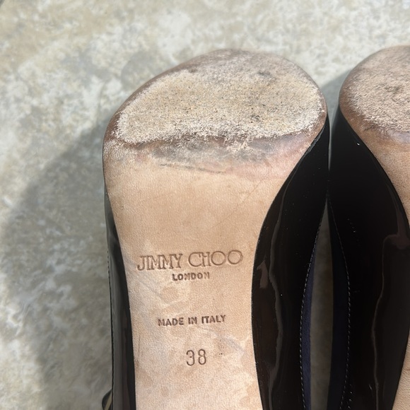 Jimmy Choo Black and Navy Patent and Nubuck Leather Peep Toe Mary Jane Pumps - Picture 13 of 16